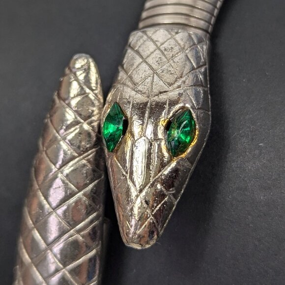 Vintage Silver Tone Wrap Around Snake Bracelet with Green Rhinestone Eyes - Picture 2 of 6